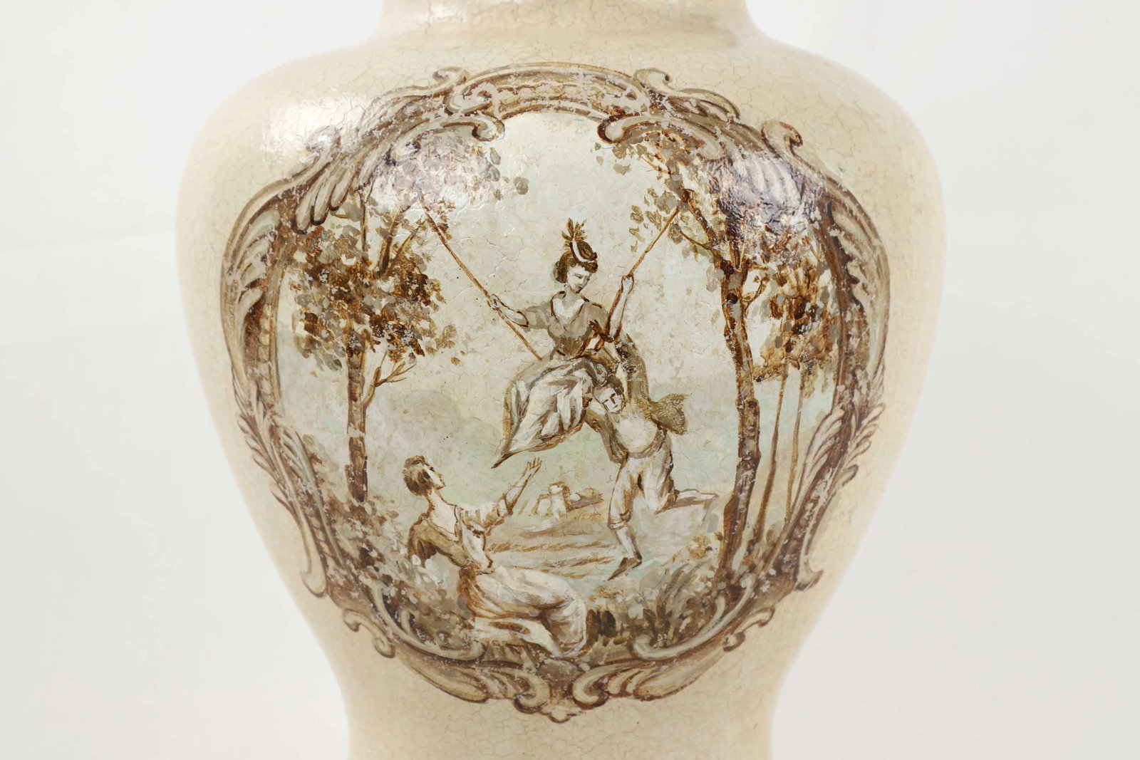Vintage White Crackle Glaze Temple Jar Lamp With Reimagined "The Swing" by Fragonard - 3