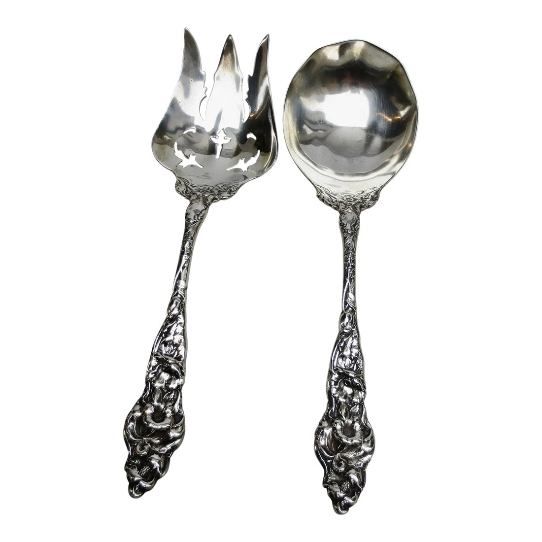 Art Nouveau Sterling Silver Serving Pierced Spoon and Fork (1 of 9)