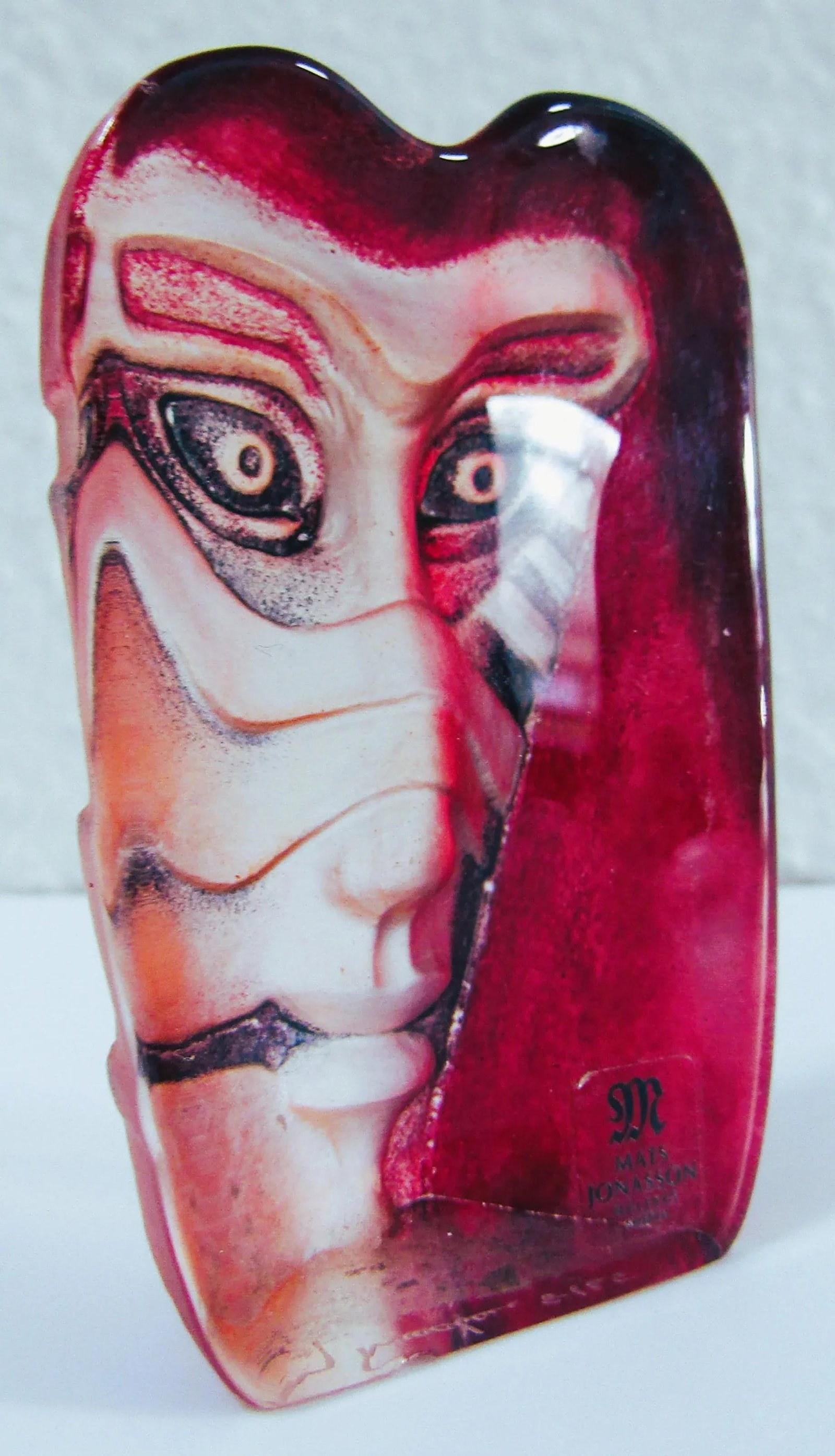 1970s Mats Jonasson Kiwok Miniature Mask Art Glass Sculpture Signed 8/65 Paper Weight - 8