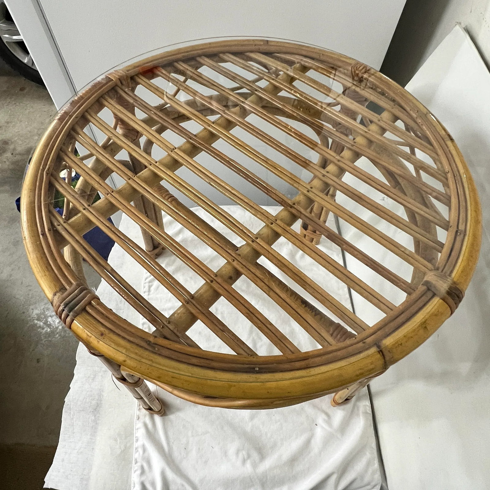 Vintage Round Old Florida Glass Top Bamboo Drinks / Side Table - 2
