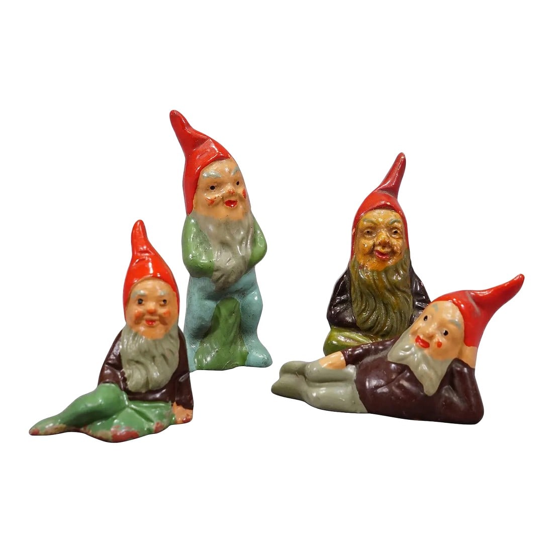 Lot of Four Tiny Terracotta Garden Gnomes, Germany Ca. 1950s