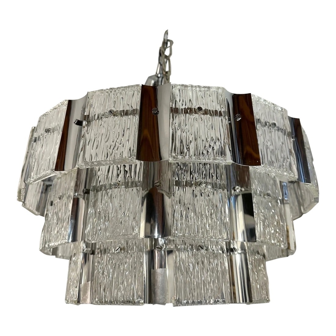 Mid Century Modern Textured Glass & Chrome 3 Tier Chandelier: Super cool mid century modern chandelier having 3 graduated tiers of alternating textured glass & chrome circles, 4 interior lights. Condition: Alterations: Original Condition Unaltered