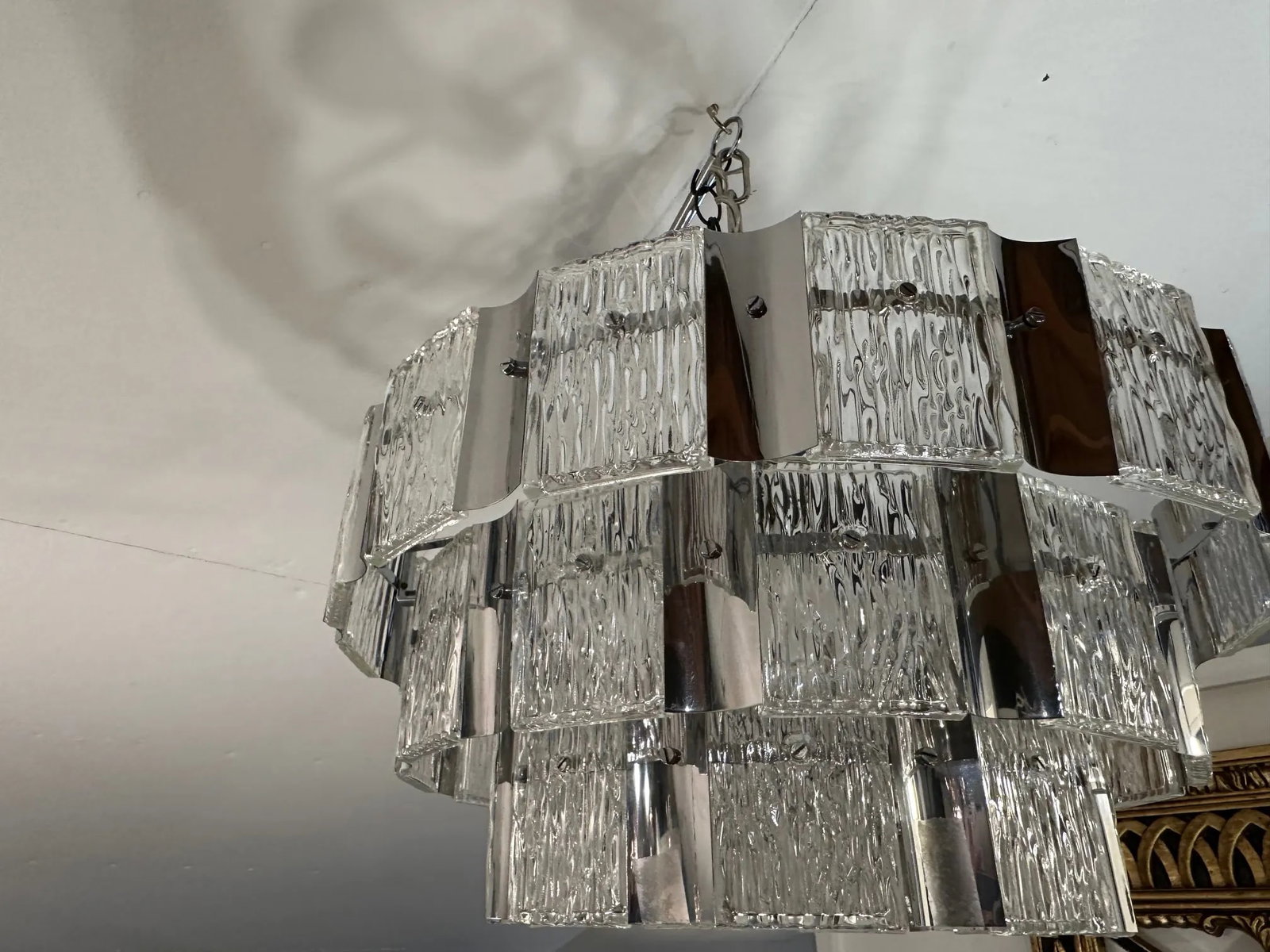Mid Century Modern Textured Glass & Chrome 3 Tier Chandelier - 2