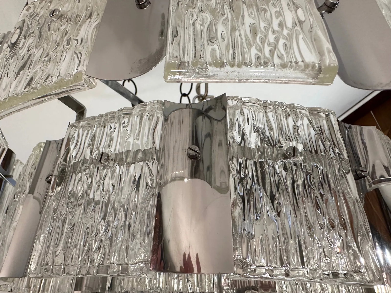 Mid Century Modern Textured Glass & Chrome 3 Tier Chandelier - 4