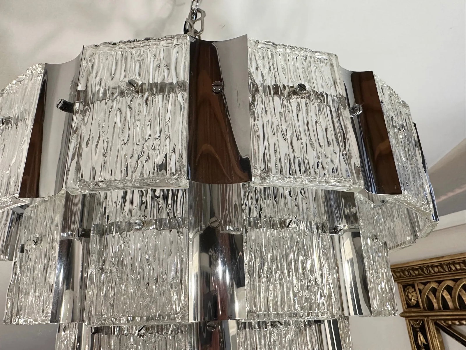 Mid Century Modern Textured Glass & Chrome 3 Tier Chandelier - 7