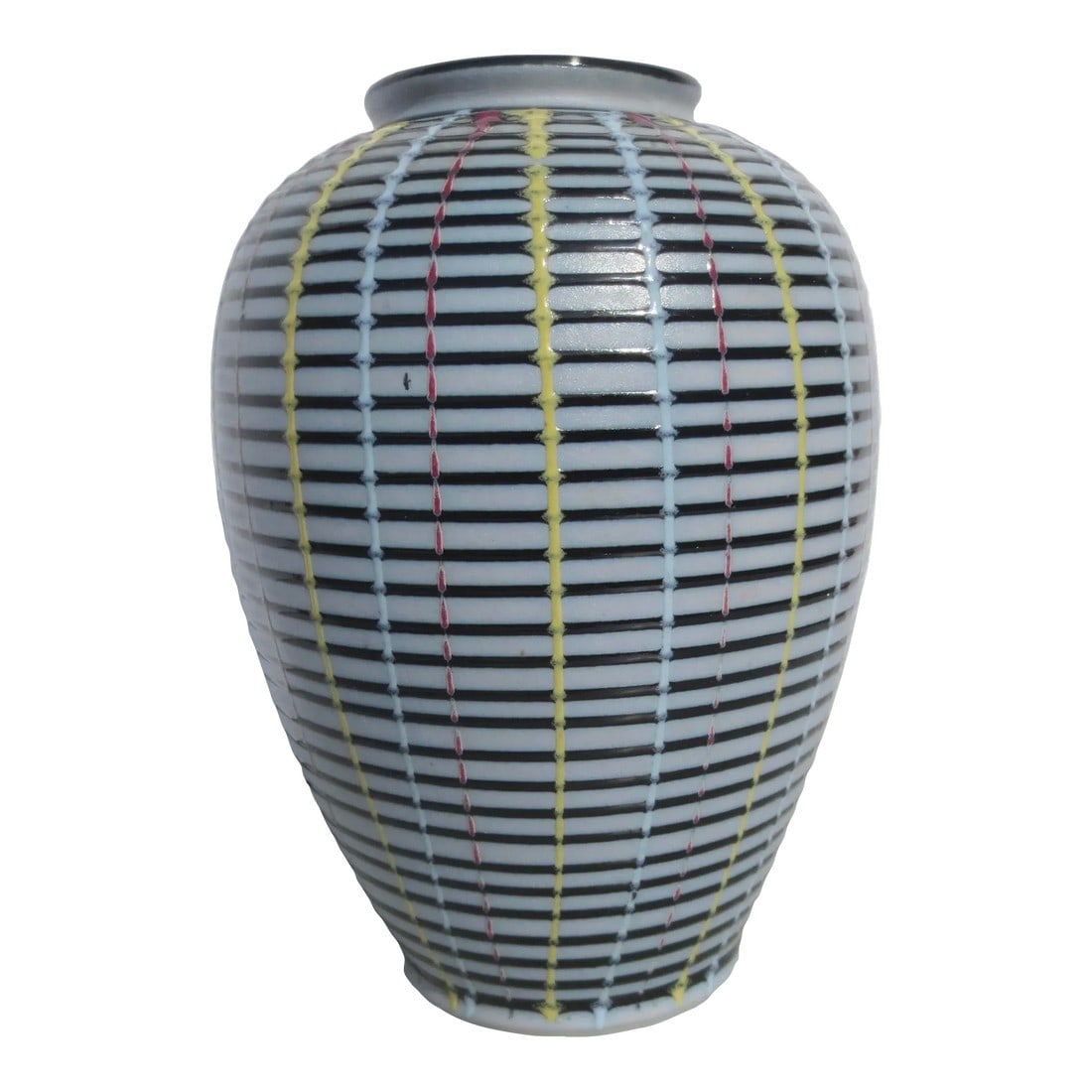 Studio Art Pottery: Studio vase in porcelain with 5 color glazes over sides. The interior is clean and the bottom is glazed in black. Precision-crafted linear applications of multiple colors pulled through each other