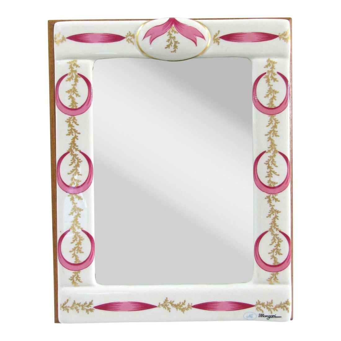 Mangani Italy Magenta and White Porcelain Frame: NEW Mangani Italy Magenta and White Porcelain Frame Item 11742/2 9.5 x7.5 Comes from a designer showroom. Measures 7 1/2" wide, 1" deep and 9 1/2" tall. Opening is 4 3/4" wide and 6 3/4" tall. This