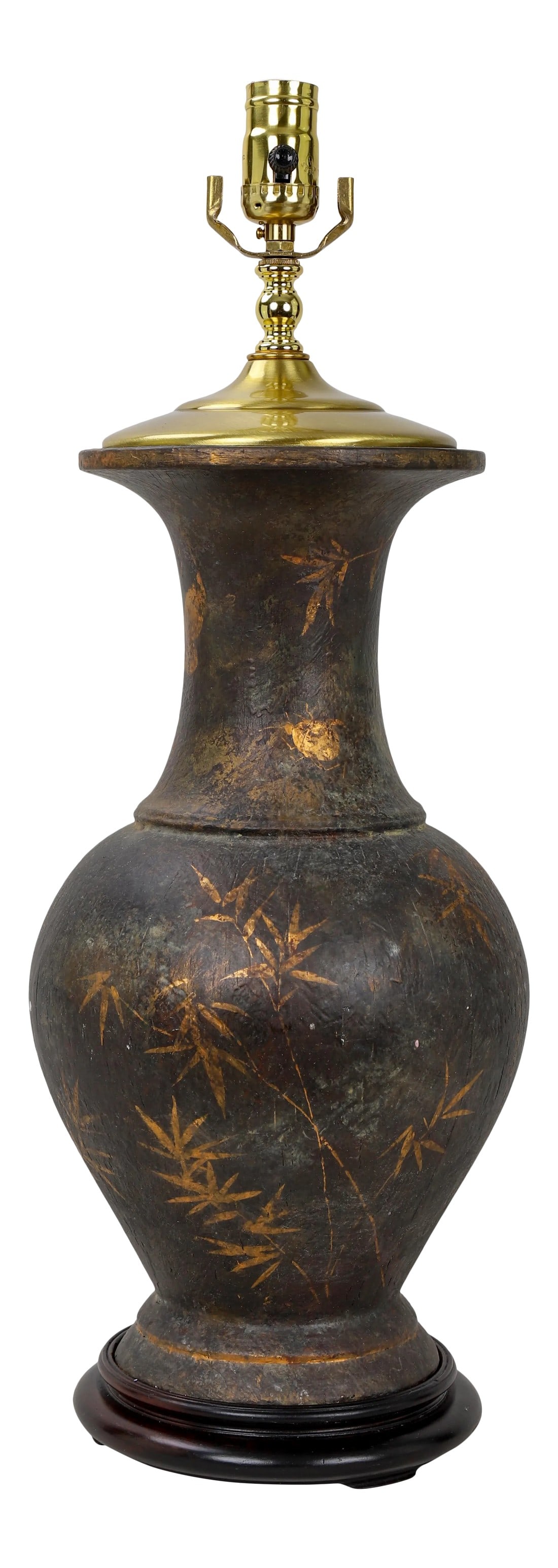 Vintage Vase Lamp With Golden Bamboo Painted by Brunschwig & Fils: This vintage vase lamp has golden bamboo shoots and leaves painted on a dark background and mounted on a wooden base. Condition: Imperfections: Some Imperfections Condition Notes: In good condition