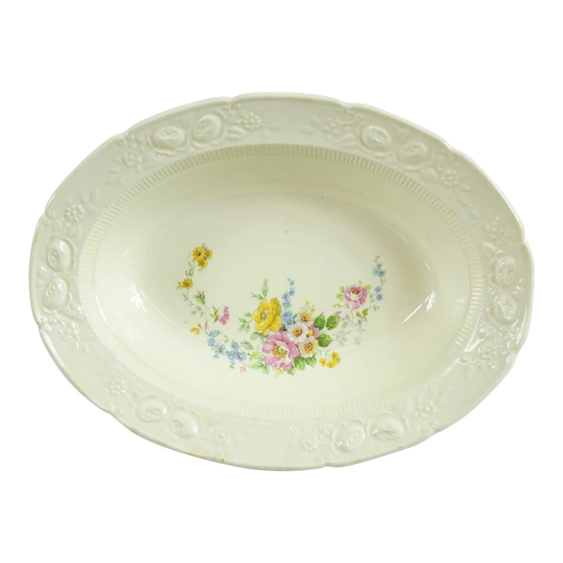 Mid 20th Century Homer Laughlin Dish With Flowers: Homer Laughlin Dish with Flowers bone china. 9.7x7x2 Condition: Alterations: Unknown Imperfections: Some Imperfections Condition Notes: Good condition Dimensions: Height: 7 in. Width: 9.5 in. Depth: