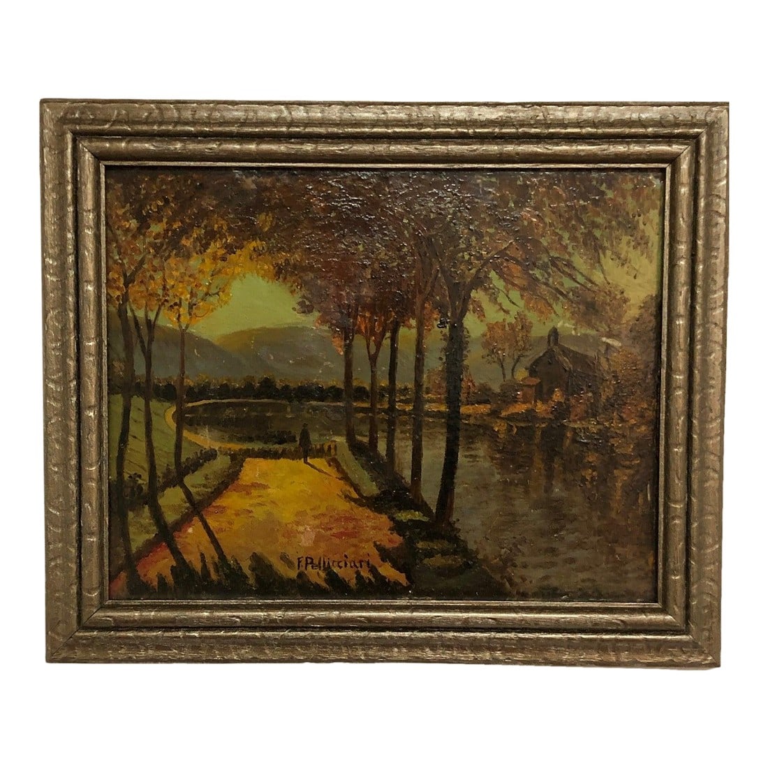 Silent Walk at Sundown - Vintage Oil on Board Signed on the Bottom: This richly textured vintage oil painting on board evokes the golden warmth of an autumn landscape at dusk. Signed in the lower center by the artist F. Pellicciari, the work showcases a painterly and