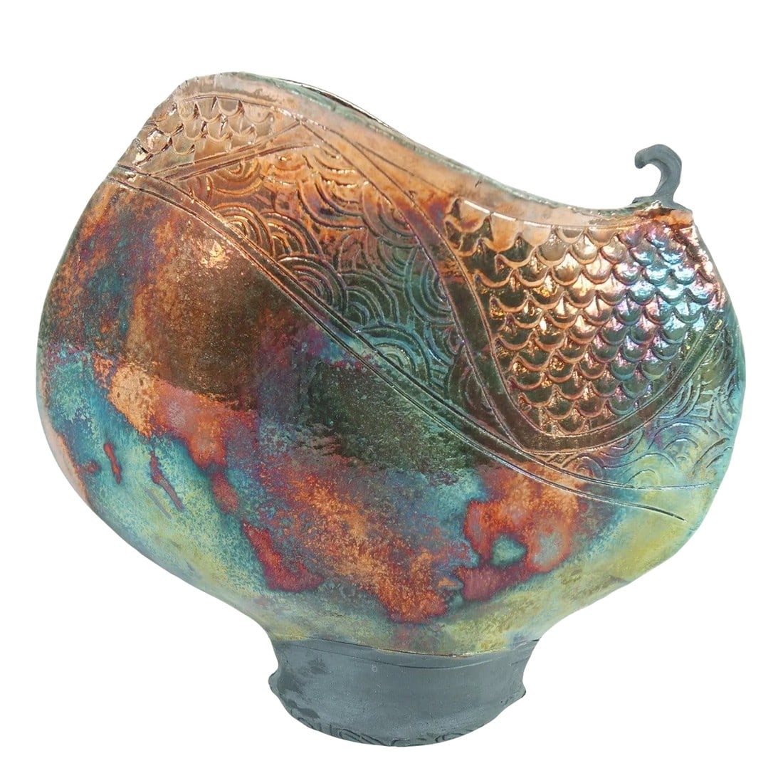 Iridescent Clay Vessel Signed: This striking iridescent vessel is a masterful work of contemporary art, signed by the artist, showcasing a unique blend of vibrant colors and textures. The vessel features a beautifully organic,