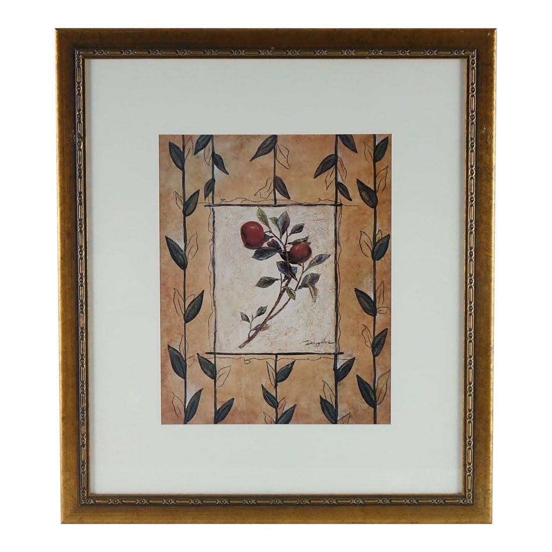 The Patterned Garden 3 - Print of Original Oil Pencil on Board Signed: This charming floral composition blends the warmth of folk art with the subtle precision of botanical illustration, presenting a balanced and intimate design. At the heart of the piece lies a