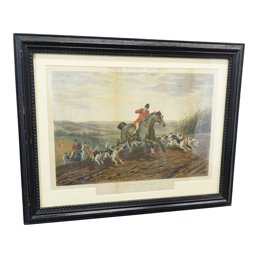 Mid 20th Century Print a Holloa Forward Signed on the Botttom: This is a vintage print titled "A Holloa Forward", depicting a classic fox hunting scene. Measuring 34" x 28", it is framed in a black wooden frame with intricate detailing that complements the