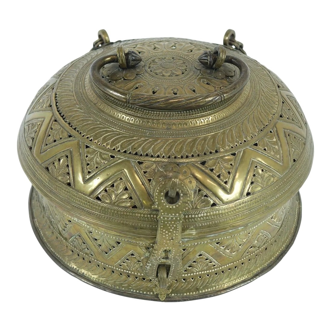 Antique Middle Eastern/Persian Brass Large Container Betel Box: Antique Middle Eastern/Persian Brass Large Container Betel Box Condition: Alterations: Unknown Imperfections: Some Imperfections Condition Notes: Good condition Dimensions: Height: 8 in. Width: 12 in.