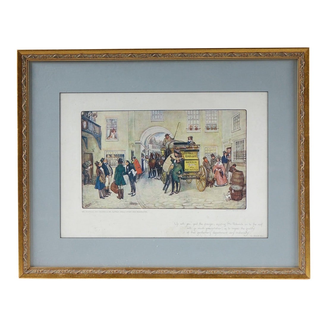 Mr Pickwick, His Friends and Mr Alfred Jungle Start for Rochester - Mid 20th Century Print of Orig: A delightful reproduction print of an original watercolor painting, this artwork captures a bustling moment from Charles Dickens' beloved novel The Pickwick Papers. Titled "Mr. Pickwick, His Friends