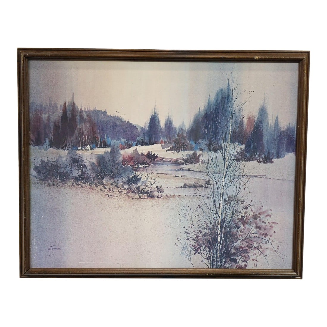 Winter's Breath - Print of Original Watercolor on Paper Signed: A soft and evocative winter landscape, this impressionistic watercolor print ofcaptures the quiet serenity of a snow-covered countryside. The scene is gently brushed with muted tones of lavender,