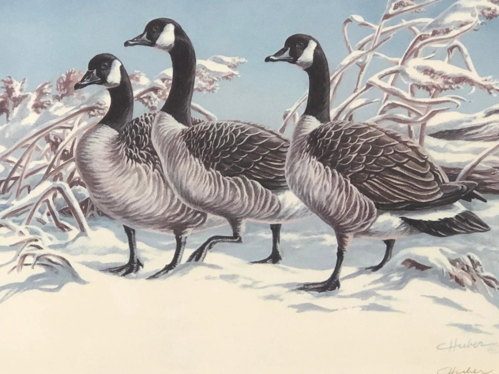 Vintage Lithograph of Three Geese Walking in the Snow, Brown Framed Signed - 2