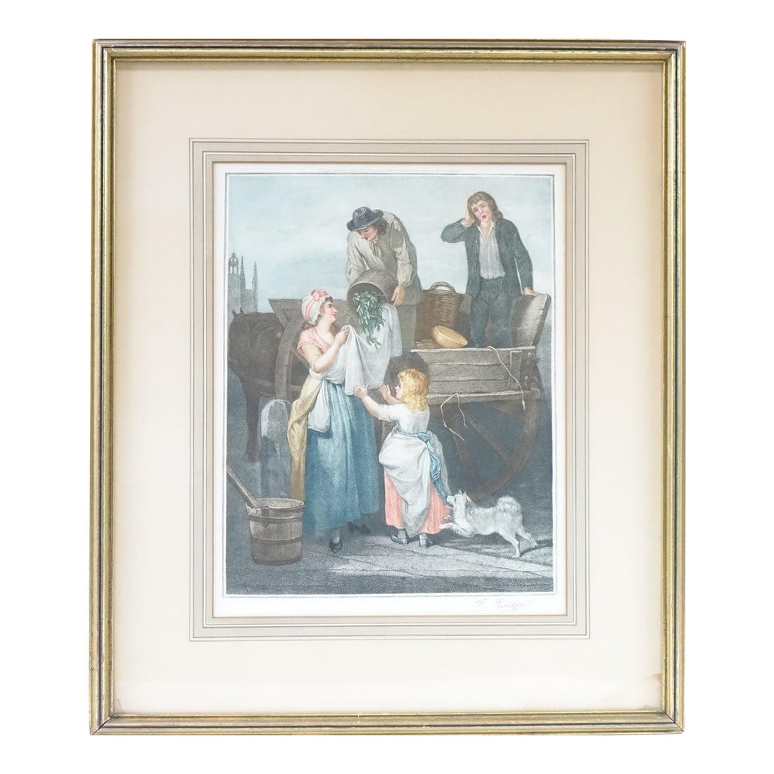 Life Beside the Cart - Hand Painted Lithograph Signed: A charming and finely detailed hand-painted lithograph, this piece captures a candid genre scene of old-time everyday life with warmth and gentle humor. The work reflects a realist and narrative