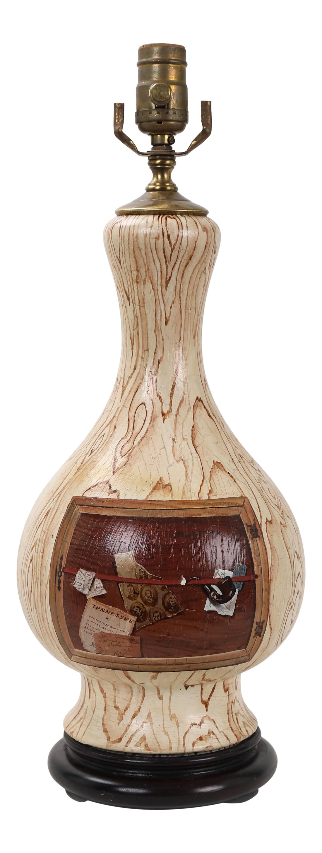 1980s Vintage Wooden Vase Lamp With Faux Wood Finish: Vintage wooden lamp lathed into a vase shape, handpainted with a faux wood finish, with a depiction of a bulletin board with letters, receipts and a pipe. Condition: Imperfections: Some Imperfections