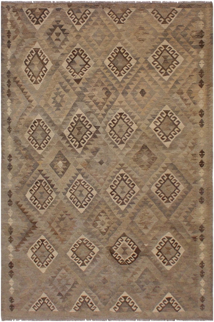 Boho Chic Tan/Gray Hand-Woven Kilim Wool Rug - 5'11 X 8'3: Add a touch of elegance to your home with this casual chic handwoven tribal kilim wool rug. Constructed on a loom by nomad Turkman people with hand spun wool and 100% natural vegetable dyes this beaut
