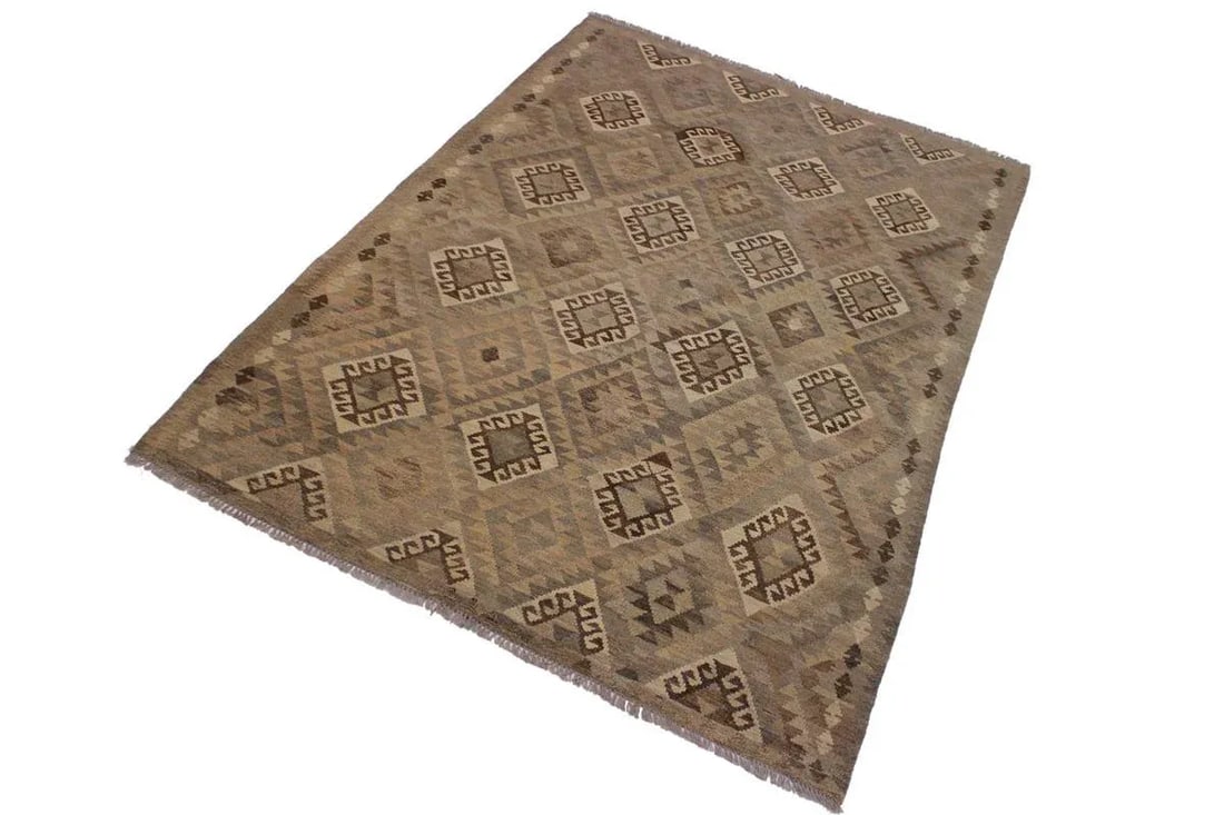 Boho Chic Tan/Gray Hand-Woven Kilim Wool Rug - 5'11 X 8'3 - 2