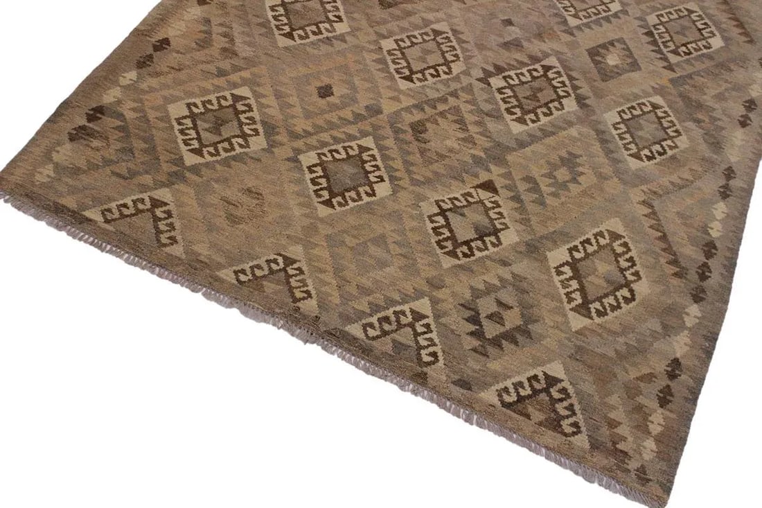 Boho Chic Tan/Gray Hand-Woven Kilim Wool Rug - 5'11 X 8'3 - 3