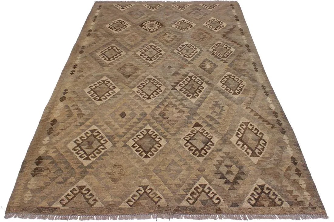 Boho Chic Tan/Gray Hand-Woven Kilim Wool Rug - 5'11 X 8'3 - 5