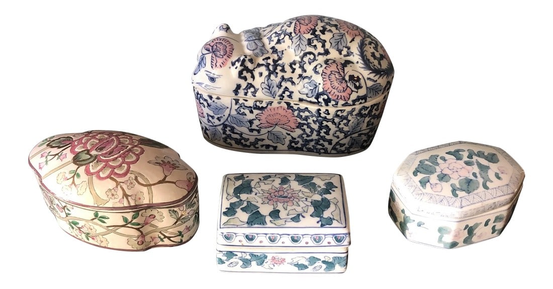 1970s Asian Ceramic Box Collection - 4 Pieces: Beautiful hand-painted ceramic boxes including one cat box. Great for storing items or catchall dishes. Condition: Alterations: Original Condition Unaltered Imperfections: Some Imperfections