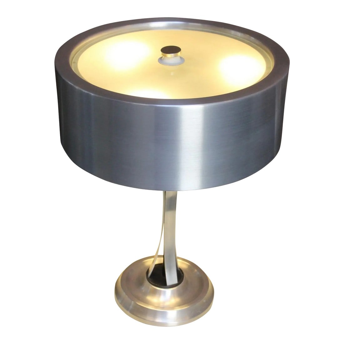 Oscar Torlasco for Lumi Italian Modern Adjustable Aluminum and Glass Table Lamp: Polished aluminum table lamp with inset frosted glass shade by Oscar Torlasco for Lumi (Italy, ca. 1960s). Ingenious design, marrying form and function designed with a useful adjustability function wi