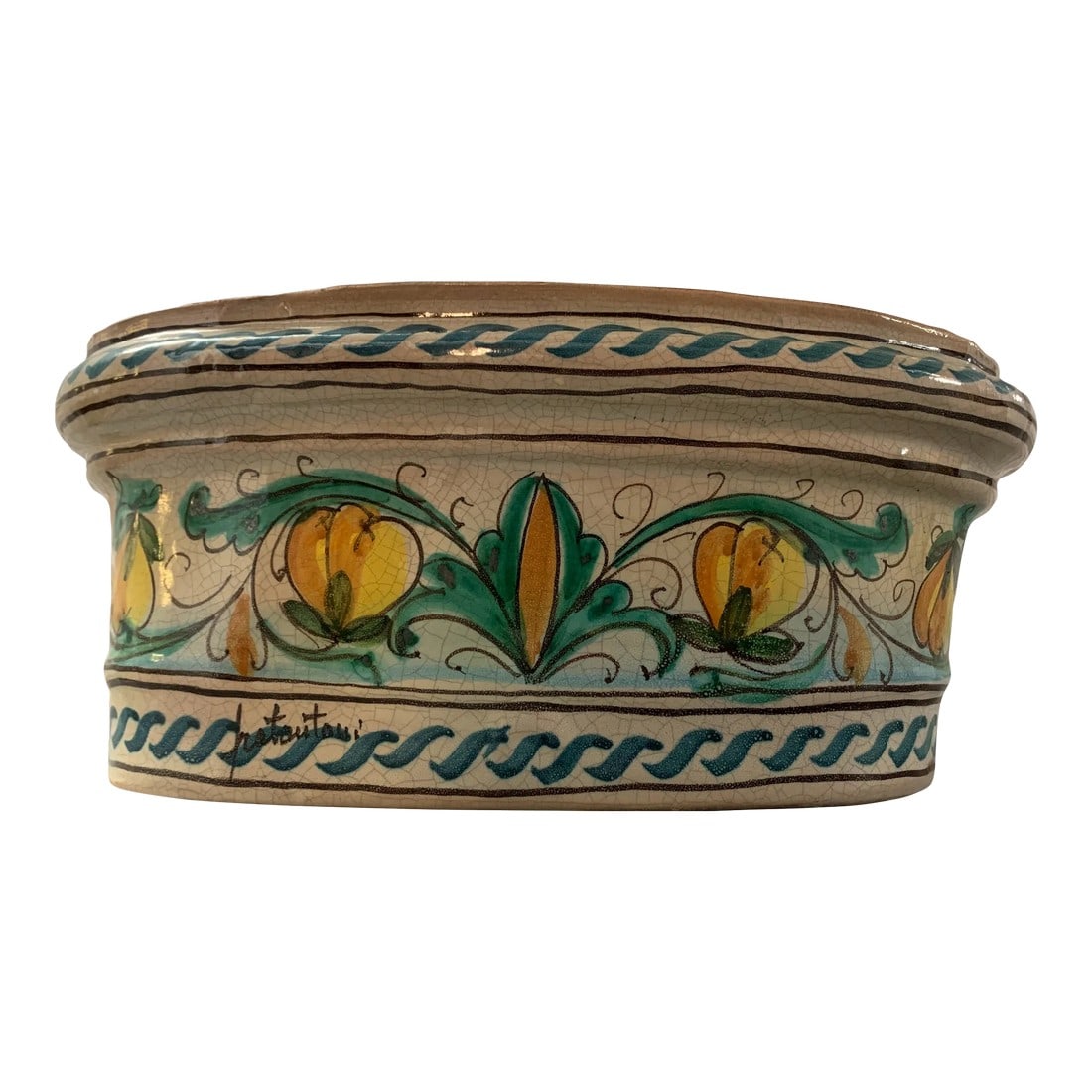 1990s Hand Painted Terra Cotta Planter: Beautiful as a planter or as a countertop/vessel basin. This would look great as a garden potting table sink! The hole drilled in the center is the size of a standard lav pop-up drain. Condition: Alte