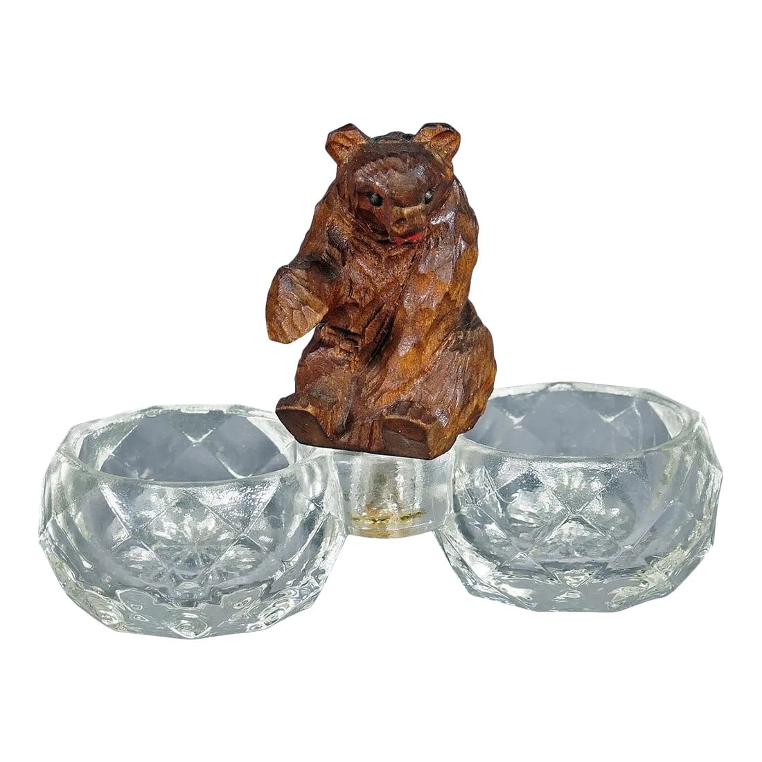 Antique Salt and Pepper Bowl With Wooden Carved Bear: Antique Salt and Pepper Bowl with Wooden Carved Bear A small salt and pepper bowl made of pressed glass with tiny carved Black Forest bear on top. Manufactured in Brienz, Switzerland around 1930s. Ver
