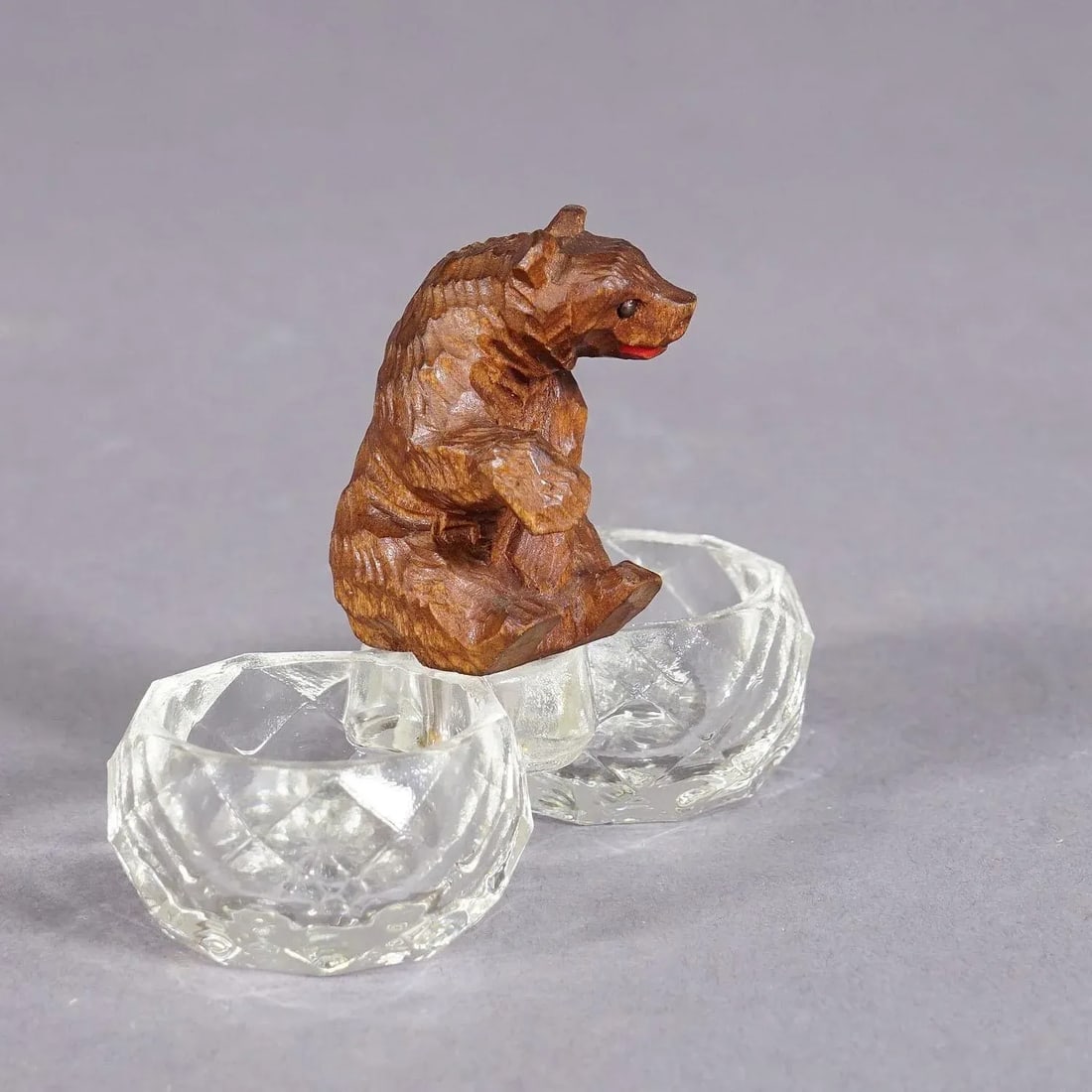 Antique Salt and Pepper Bowl With Wooden Carved Bear - 2