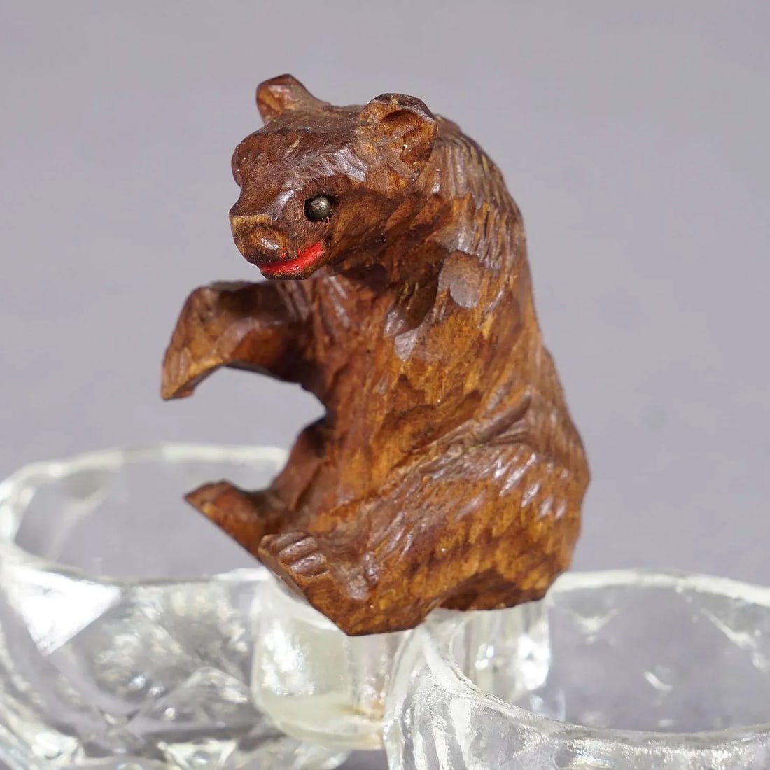 Antique Salt and Pepper Bowl With Wooden Carved Bear - 3