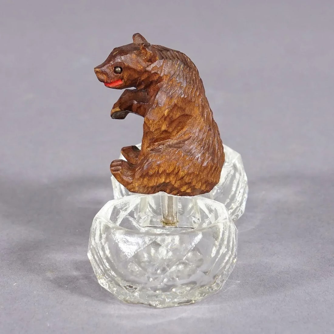 Antique Salt and Pepper Bowl With Wooden Carved Bear - 5
