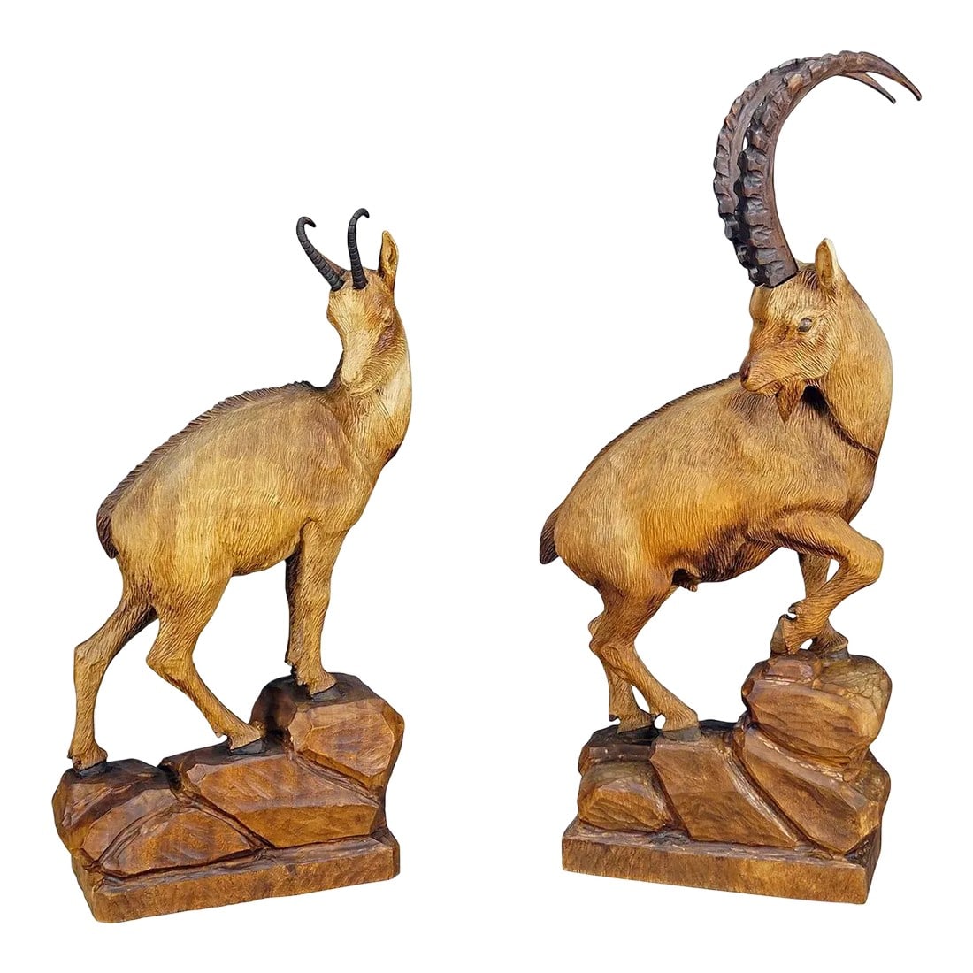 Wooden Carved Ibex and Chamois Sculptures Attr. To Rudolf Heissl Jr. Ca. 1960s: Wooden Carved Ibex and Chamois Sculptures attr. to Rudolf Heissl jr. ca. 1960s A pair of finely carved wooden sculptures of a chamois and an ibex. Carved in naturalistic style by the Austrian