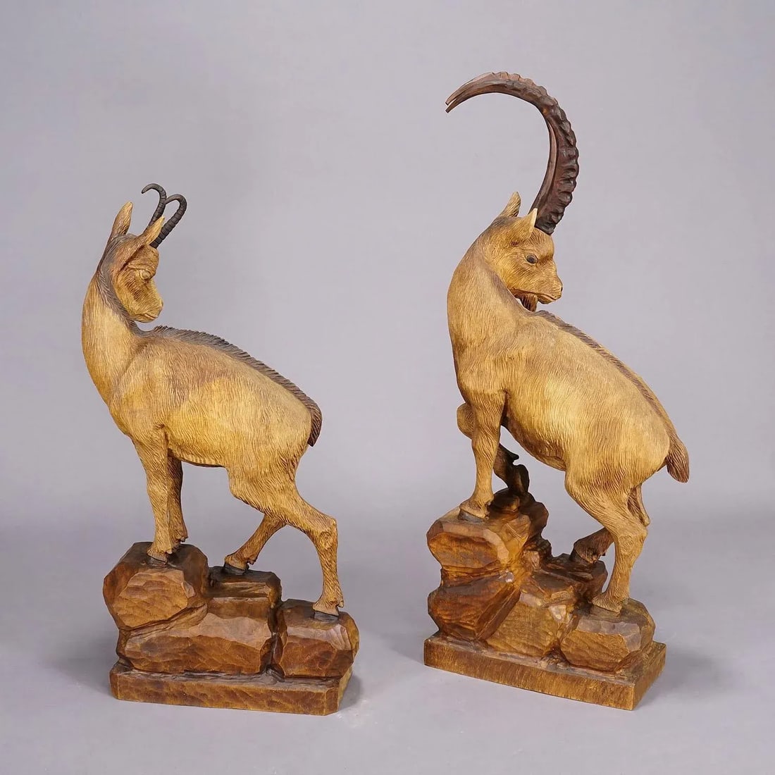 Wooden Carved Ibex and Chamois Sculptures Attr. To Rudolf Heissl Jr. Ca. 1960s - 2