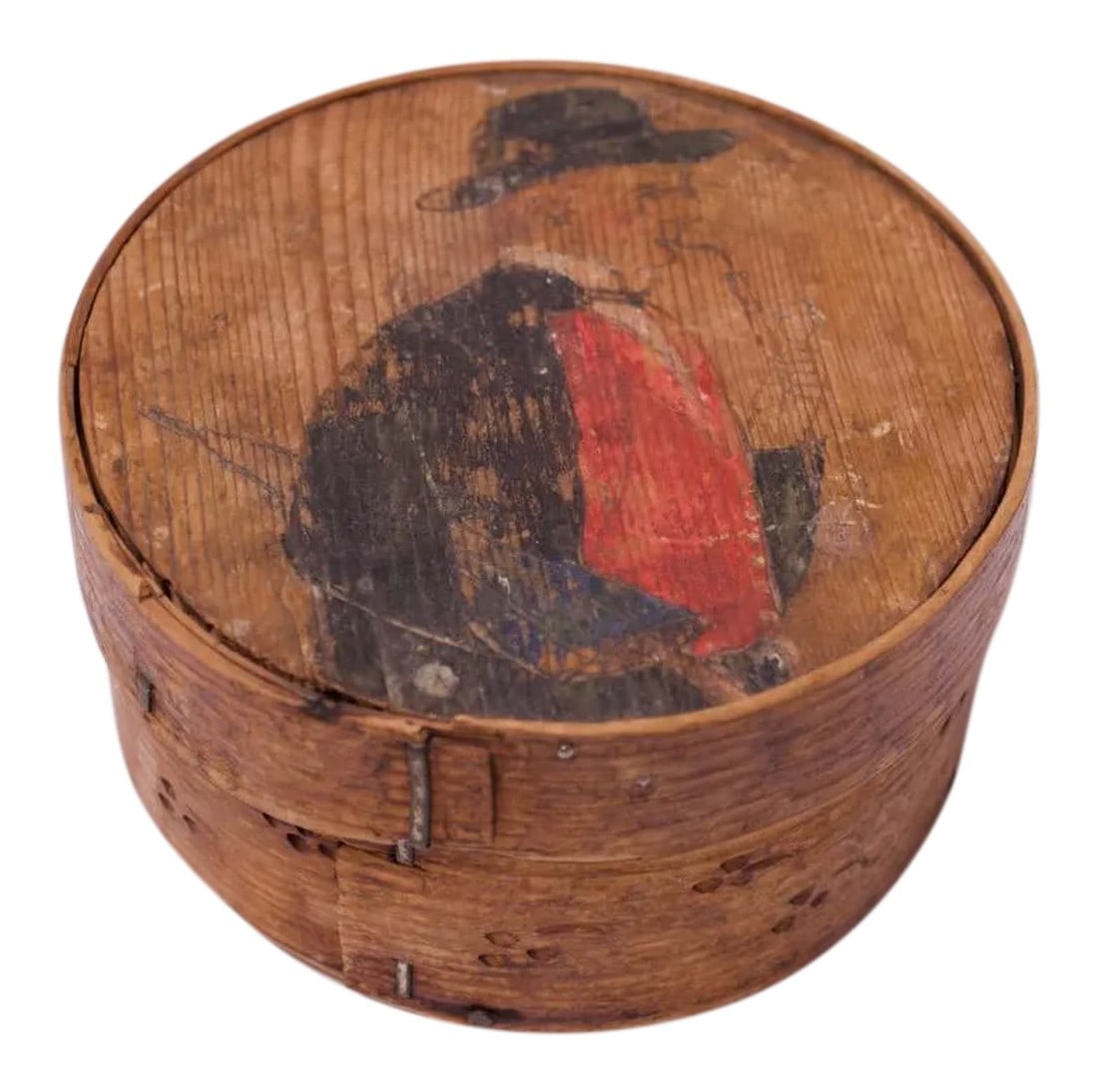 Antique English Snuff Box / Pipe Tobacco Case With Hand-Painted Decoration: Charming wooden snuff box / pipe tobacco case with hand-painted 'man smoking a pipe' decoration (circa 19th Century England). Simple form with staple and nail construction. Subtle perforated pattern t