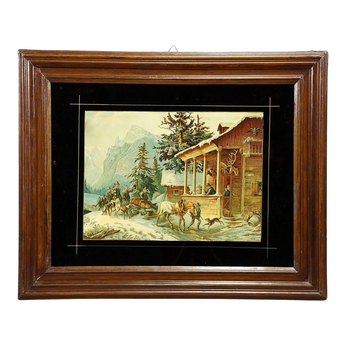 Antique Oil Print With Bear Hunt Scene After Heinrich Buerkel 19th Century (1 of 6)