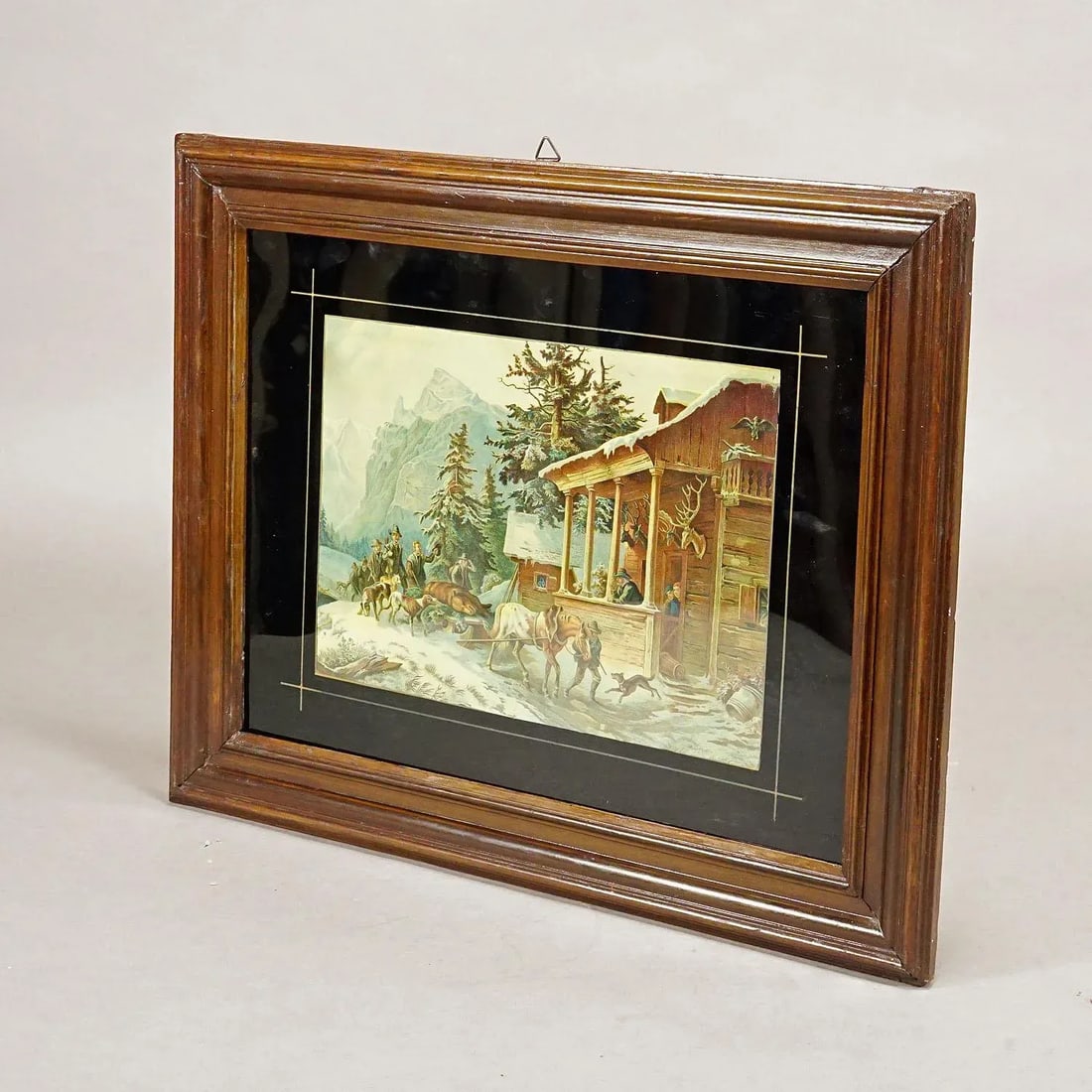 Antique Oil Print With Bear Hunt Scene After Heinrich Buerkel 19th Century - 2