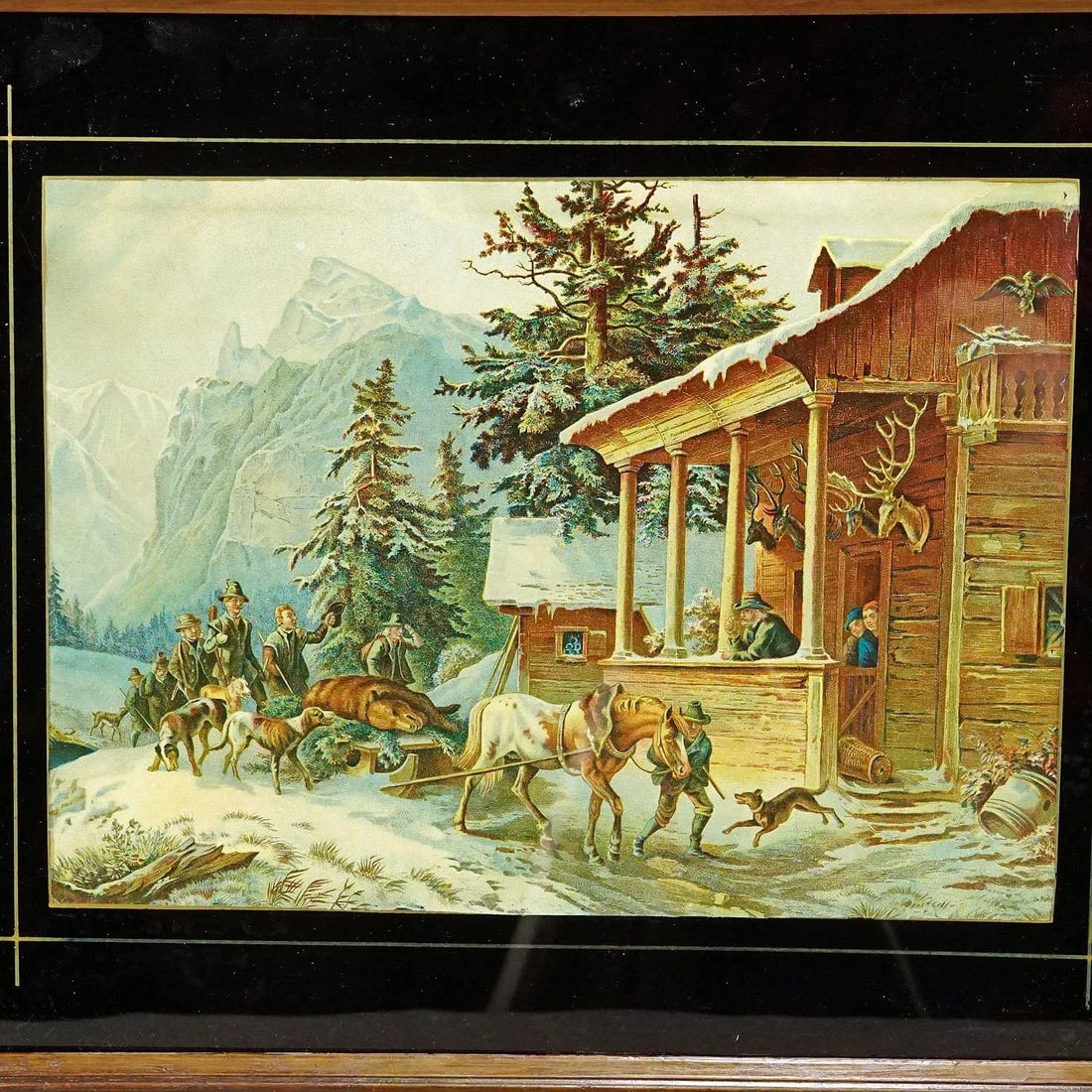 Antique Oil Print With Bear Hunt Scene After Heinrich Buerkel 19th Century - 3