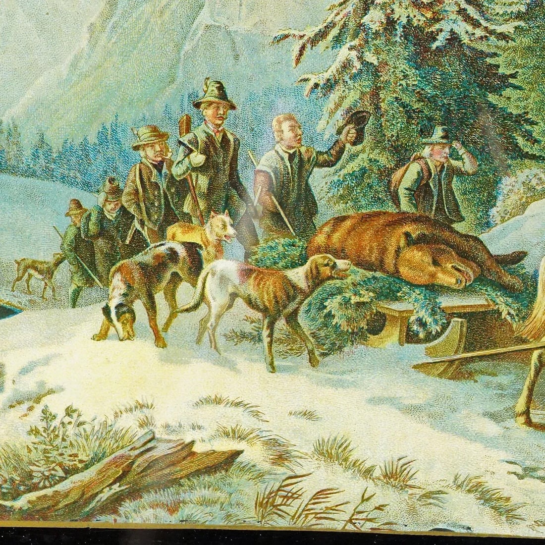 Antique Oil Print With Bear Hunt Scene After Heinrich Buerkel 19th Century - 4