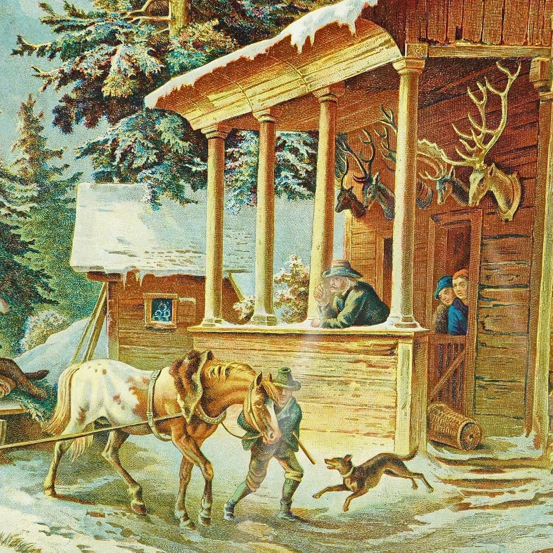 Antique Oil Print With Bear Hunt Scene After Heinrich Buerkel 19th Century - 5