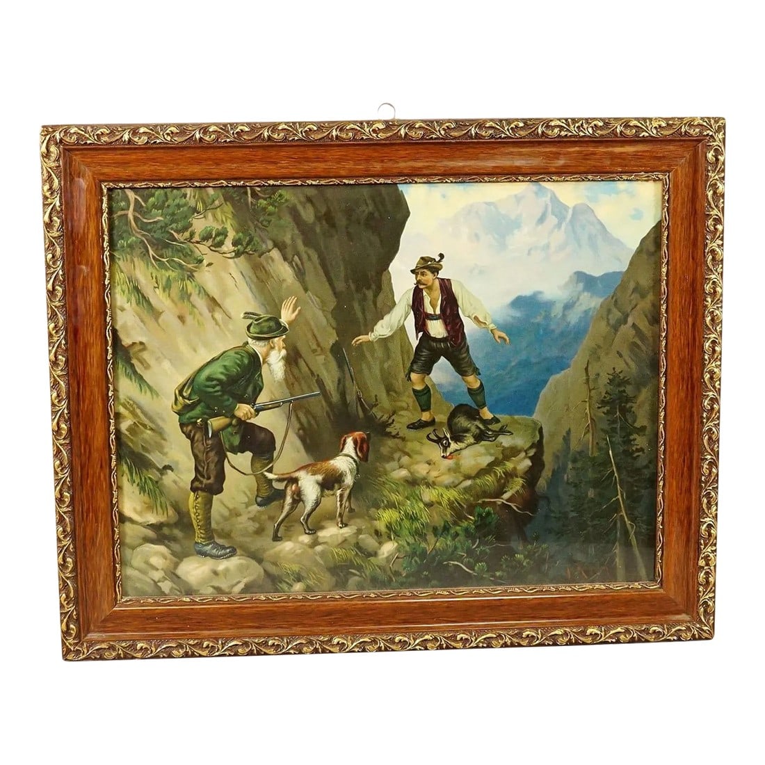 Antique Oil Print With Dramatic Poacher Scene After Josef Ringeisen: Antique Oil Print with Dramatic Poacher Scene after Josef Ringeisen A colorful oil print depicting a dramatic poaching scenery in the Bavarian forest. A poacher is caught in the act by the hunter and