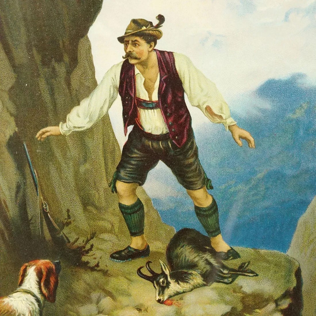 Antique Oil Print With Dramatic Poacher Scene After Josef Ringeisen - 4