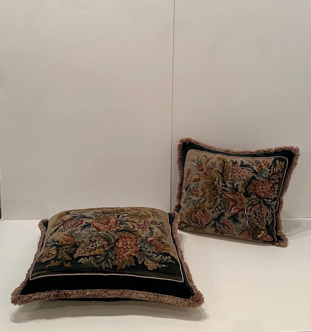 Hand Made Needlepoint Pillows With Bakelite Buttons -A Pair - 9