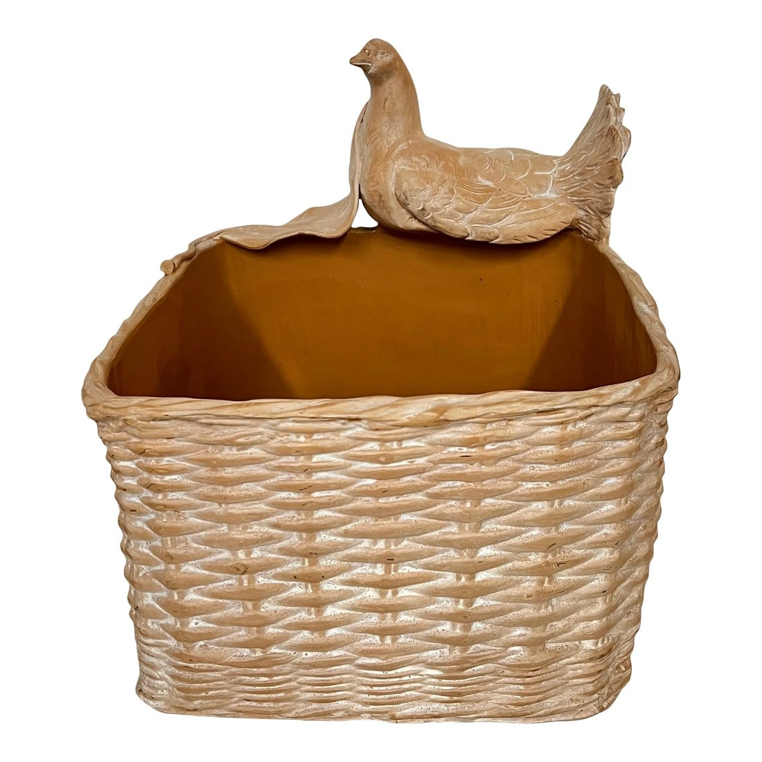 Handmade Terra Cotta Square Basket Planter With Attached Bird and Leaf: Terra cotta square basket design with applied leaf and bird on the edge. Glazed in white for an aged look. Has glossy glazed protective interior. Basket portion measures 12" square x 8" h, with bird h