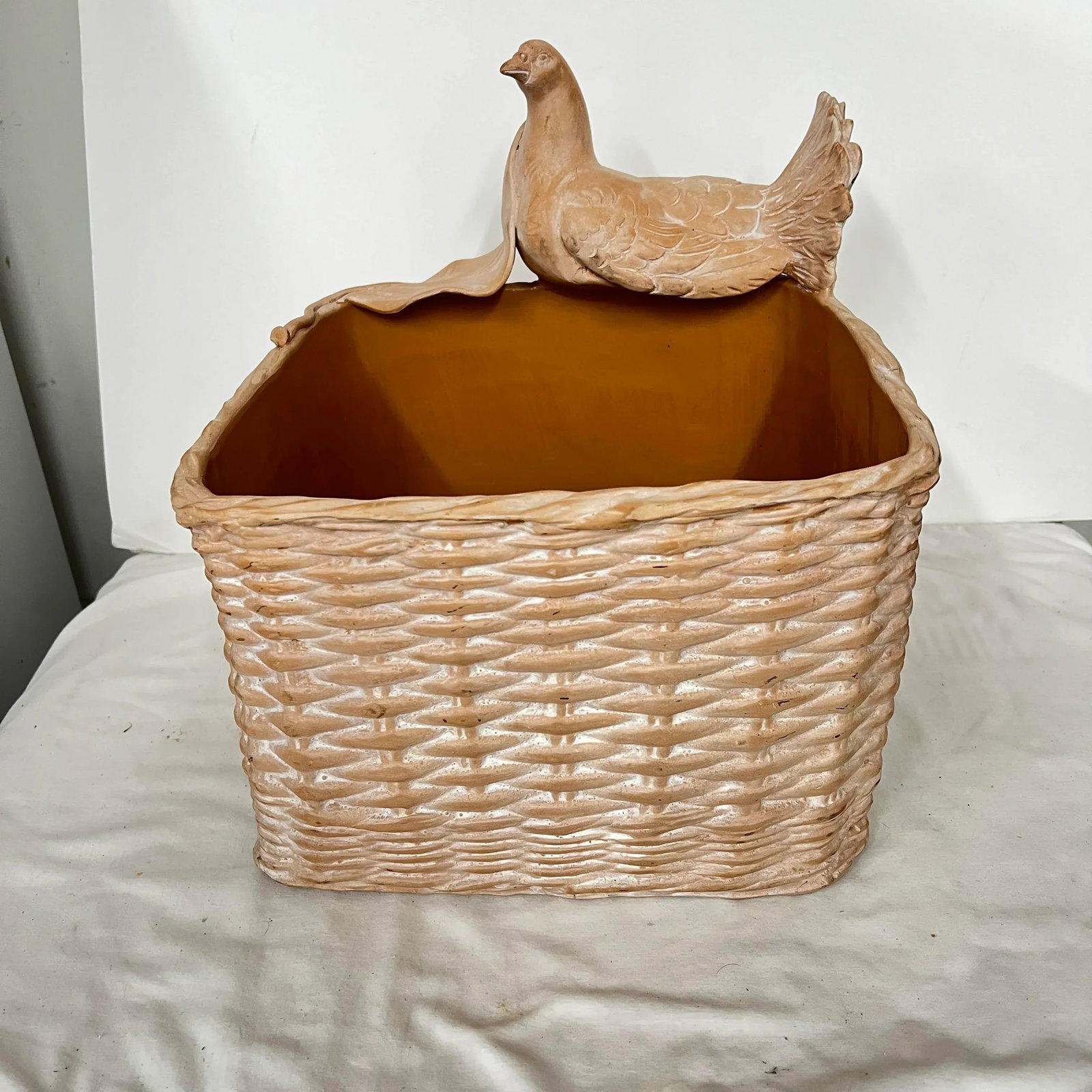 Handmade Terra Cotta Square Basket Planter With Attached Bird and Leaf - 2