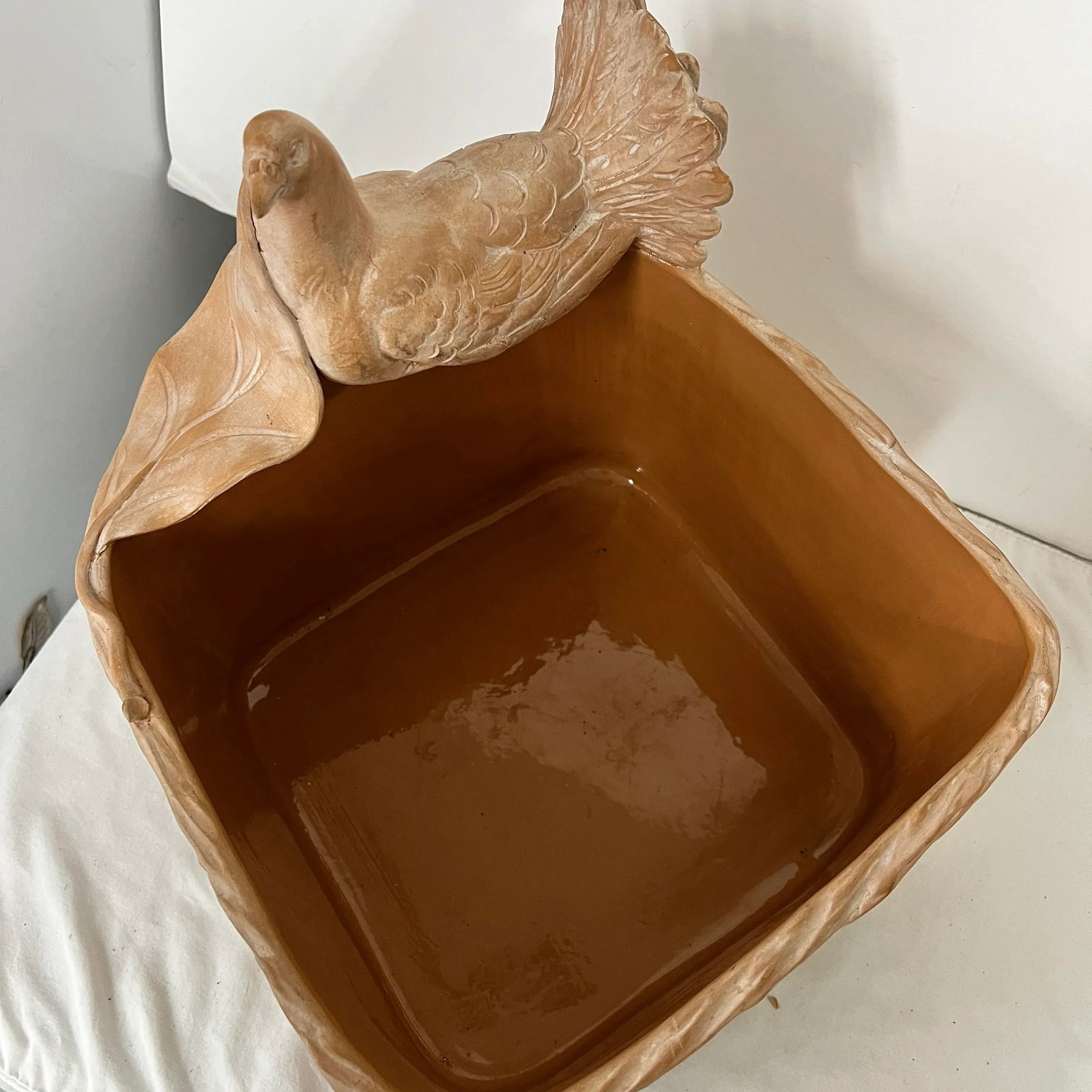 Handmade Terra Cotta Square Basket Planter With Attached Bird and Leaf - 3