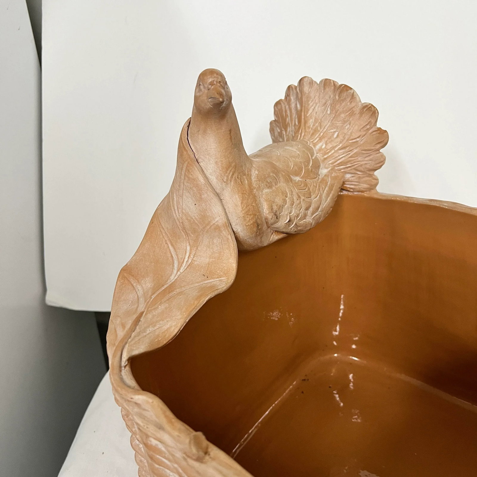 Handmade Terra Cotta Square Basket Planter With Attached Bird and Leaf - 4
