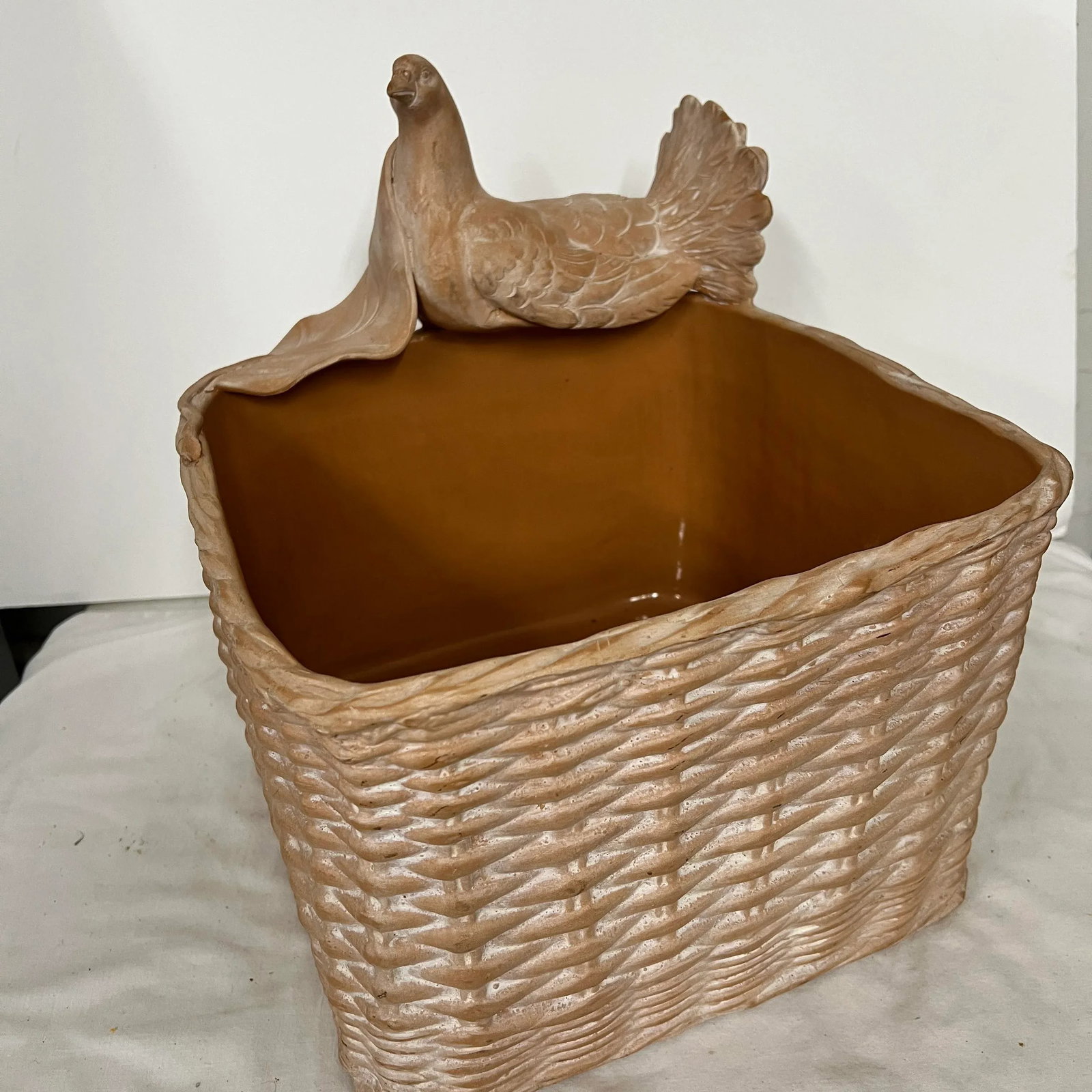 Handmade Terra Cotta Square Basket Planter With Attached Bird and Leaf - 7